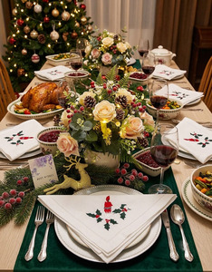 Vente en gros personnalisé Bougie brodée houx de coton Noël serviettes en tissu ourlet dîner serviette maison Restaurant vacances utiliser - Product Image 6
