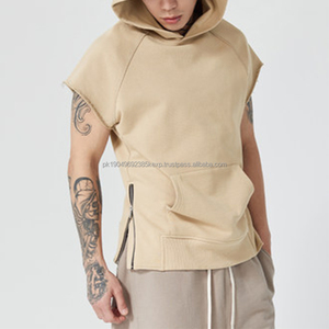 OEM Slim Fit Stringless <b>Hoodie</b> for Men Men's Streetwear Summer Lightweight Side Slits Zipper <b>Sleeveless</b> Gym Plain Dyed Winter - Product Image 2