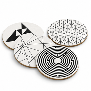 Geometric Coaster Set of 4 MDF Round Drink Coasters Heat Resistant <b>Table</b> <b>Protectors</b> Cork Backing Modern Home Office Decor | Set - Product Image 1