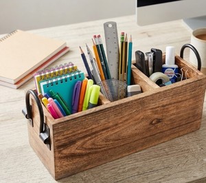 Rustic Acacia Wood Storage <b>Caddy</b> with Metal Handles Three Compartment Organizer Box for <b>Kitchen</b> Bathroom Office and Home Use - Product Image 6