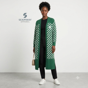 Iota Phi Lambda Women's Longline Open Front <b>Cardigan</b> Green White Striped Ribbed Cuffs Embroidered Duster <b>Sweater</b> With Side Slit - Product Image 6