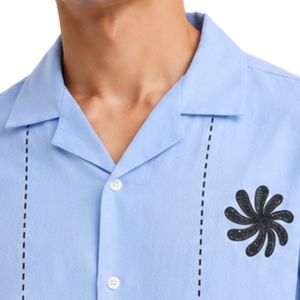 Camisa de Hombre con Cuello Cubano Azul Claro, Manga Corta, Diseño Bordado Negro, Algodón y Lino, Cierre de Botones, Estilo Casual de Verano para Playa - Product Image 5