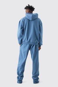 Unisex Blue Hooded Tracksuit Set Full Length Loose Fit 100% Cotton Casual Anti-Pilling <b>Lightweight</b> <b>Jogger</b> Front Logo Side - Product Image 2