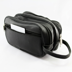 Royal Leather Works High Quality Black Leather Toiletry Bag Dual Zipper Compartments Front Pocket for Winter Outdoor Sports Use - Product Image 2