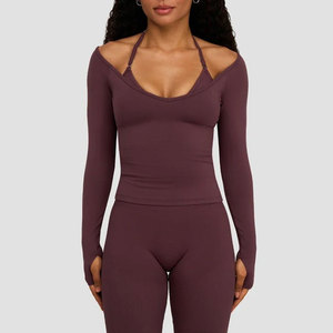 Camiseta Deportiva Casual de Manga Larga para Mujer con Diseño de Hombros Descubiertos, Color Personalizado, Superventas, Ropa Deportiva de Yoga con Orificios para Pulgares - Product Image 1