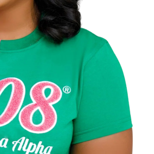 T-shirt en chenille vert et rose demi-teinte 1908 pour femme, à manches courtes, col rond, color block, en coton, avec motif graphique, vêtement décontracté et tendance - Product Image 3