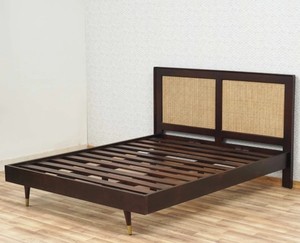 Modern Rattan Headboard <b>Bed</b> Frame Wooden Bedstead Black and Natural Panel <b>Bed</b> for Hotel Home Bedroom - Product Image 4