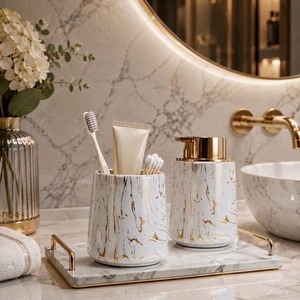 New Arrival Marble Bathroom Set 2-Piece Round Soap Dispenser <b>Toothbrush</b> Holder Luxury Style Easy To Clean - Product Image 6