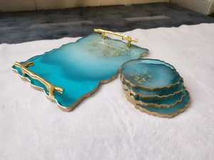 Modern Teal Ombre Resin <b>Serving</b> <b>Tray</b> with <b>Gold</b> Branch Handles Luxury Irregular Edge Decorative <b>Tray</b> and Coaster Set - Product Image 6