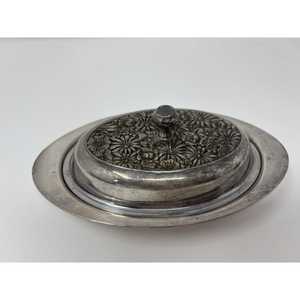 Mid Century Aluminum Silver Metal Butter Dish Pressed Daisies Glass Insert - Product Image 1