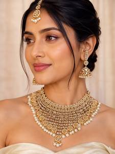 Handcrafted Royal Bridal Kundan Broad Choker <b>Set</b> Maroon Gemstone Bead Fringe Necklace <b>Set</b> with Matching Jhumkas & Maang Tikka - Product Image 2