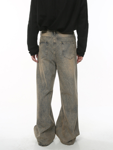 Jean en denim délavé coupe droite taille mi-haute pour homme, respirant, style streetwear, couleur unie, coupe ample, décontracté, automne, polyester/coton - Product Image 4