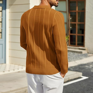 Suéter Polo de Punto para Hombre, Manga Larga, Color Sólido, Otoño, Casual, Manga Completa, Naranja Marrón - Product Image 2