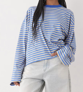 T-shirt en tricot décontracté pour femme, à manches courtes, col rond, coupe ample, rayures vertes et blanches, avec poches, écologique, pour l'été - Product Image 2