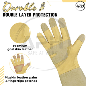 Pale Yellow Garden <b>Gloves</b> with Extended Beige Gauntlet Cuff and Reinforced Palm Panel Custom Options Hand Protective <b>Gloves</b> - Product Image 2