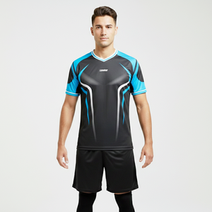 Ropa Deportiva, Camiseta de Fútbol Totalmente Personalizada, Diseño con Forro Azul Cielo sobre Negro, 100% Poliéster, Antibacteriana, Transpirable, de Secado Rápido - Product Image 1
