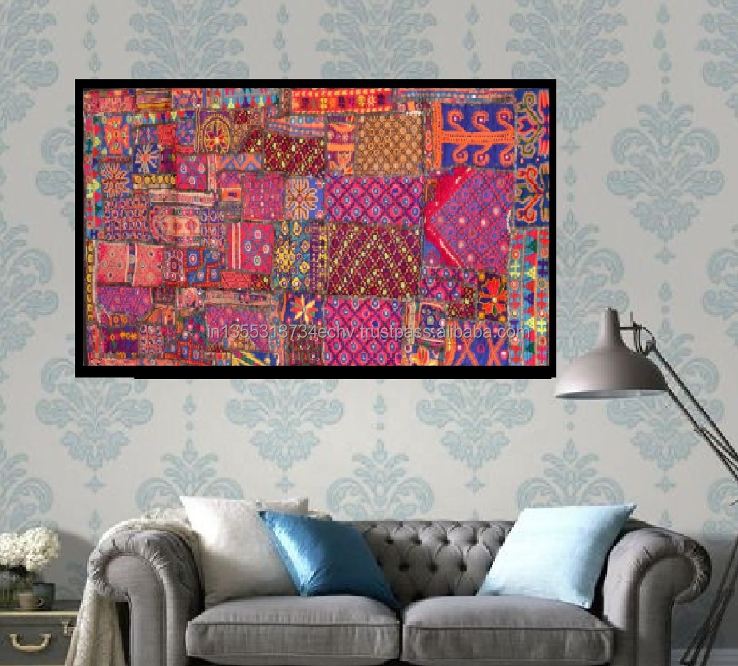 Tapisserie Murale Indienne Fusion Furnishing - Patchwork Fleuri Perlé - 48x50 Cm