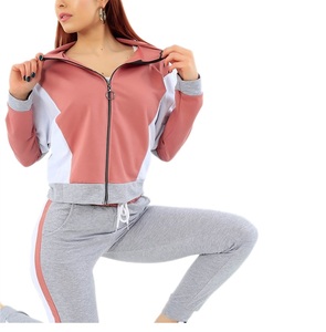 Women Color Block <b>Tracksuit</b> Full Sleeve Zipper Stand Collar Casual Sporty Gray Pink White Breathable Spring Wear - Product Image 4