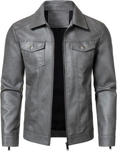 Giacca da Motociclista in Pelle PU Grigia per Uomo, Chiusura con Cerniera, Colletto Rovesciato, Maniche Regolari, Vestibilità Slim, Tinta Unita, Stile Autunnale - Product Image 4