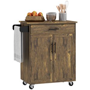 Carrello da Cucina Moderno Rustico Marrone con Ruote, Cassetti, Armadietto Portaoggetti, Portasciugamani, in Metallo, Plastica e Pannelli in MDF Ecologici - Product Image 1