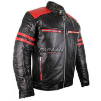 Jaket Balap Kulit Hitam Merah Desain Garis Ganda di Lengan Resleting Penuh Jaket Motor Cafe Racer untuk Berkendara di Jalan Raya Grosir Kustom
