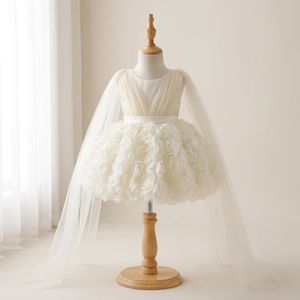 Vestido de niña de las flores de satén sólido color marfil hecho a medida estilo cuento de hadas, falda con rosetas 3D hechas a mano, mangas de tul fluidas con capa, boutique de princesa - Product Image 3
