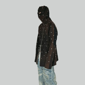Sweat-shirt à capuche zippé noir pour homme avec strass, style streetwear oversize, motif masque, en coton tricoté pour l'hiver - Product Image 3