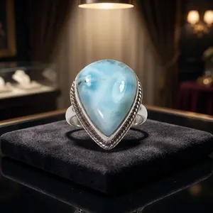 Bague en argent sterling 925 avec pierre précieuse Larimar naturelle, cabochon en forme de larme, bijoux faits à la main, bague élégante pour femmes - Product Image 4
