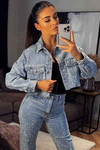 Factory Price Customized New Light Blue Cropped Rhinestone Denim <b>Jacket</b> <b>Long</b> Sleeves Designed <b>For</b> Women denim <b>jacket</b> - Product Image 4