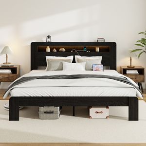 Letto Matrimoniale King Size con Struttura in Legno, Testiera Illuminata a LED e 2 Porte USB, Silenzioso, Senza Necessità di Rete a Doghe, con Vano Contenitore Integrato - Product Image 1