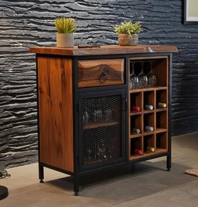 <b>Rustic</b> Solid Mango Wood Bar <b>Cabinet</b> with Wine Storage and Metal Mesh Door Freestanding Console for Drinks Organization - Product Image 1