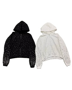 เสื้อฮู้ดซิปสตรีทแวร์สั่งทำขายส่ง ผ้าฝ้ายเฟรนช์เทอร์รี่ 100% ล้างสีแบบแอซิดวอช ประดับคริสตัลทั่วตัว รับผลิตตามแบบ OEM - Product Image 1