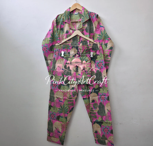 Ensemble de pyjama d'été en coton rose de qualité supérieure pour femmes, chemise à manches longues faite à la main, pantalon de détente décontracté, imprimé ethnique, séchage rapide - Product Image 2
