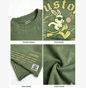 Camiseta de Doble Capa con Logotipo Bordado Personalizado, Corte Holgado, Estilo Cuadrado, con Pedrería y Estampado Desgastado - Product Image 4