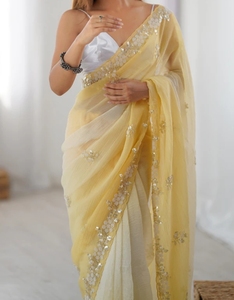 Sari de Rayón con Adornos KV, Estilo Bollywood (Amarillo) - Ropa de Fiesta de Secado Rápido y Sin Arrugas - Product Image 6