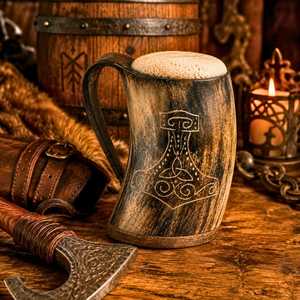Large Capacity Carved Thor Hammer Design Natural Shape Antique Imitation Collectible Craft Horn Mug Viking Eco-Friendly Ox Horn - Product Image 2