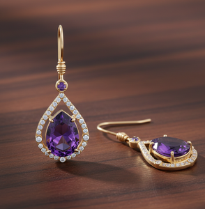 ต่างหูรูปหยดน้ำอะเมทิสต์สีน้ำเงินขนาด 5 นิ้ว ประดับเพชร CZ 10x14 มม. เงินแท้ 925 ชุบทอง 18K เครื่องประดับดีไซน์เนอร์ - Product Image 5