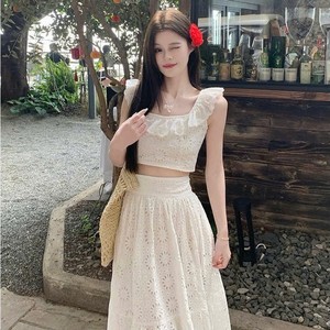 Feminine Solid Embroidered 100% Cotton White Lace Crop Blouse and A-Line <b>Skirt</b> Set for Daily & Vacation Styling - Product Image 4