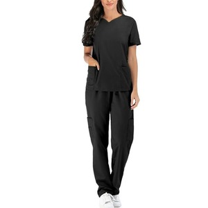 Women's Black <b>Scrub</b> Set Short Sleeve V-Neck Top With Pockets Hospital Uniform Woven Cotton Polyester Blend - Product Image 1