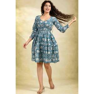 เดรสสีฟ้าอมเขียวลายดอกไม้ แขนยาว คอวี เอวธรรมชาติ ผ้าฝ้ายน้ำหนักเบา เป็นมิตรกับสิ่งแวดล้อม ทรงเอไลน์ ชุดเดรสฤดูร้อนสำหรับใส่ลำลอง - Product Image 3