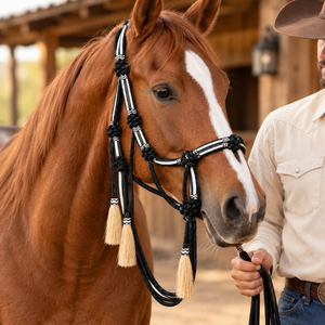 Cabestro de cuerda trenzada negra con borlas de crin de caballo |   Cabestro Ecuestre Occidental Anudado para Entrenamiento, Equitación, Rancho y Establos - Product Image 3