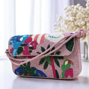 Sac baguette décontracté fait main indien personnalisable avec poignée, broderie de perles de verre multicolores - Product Image 1