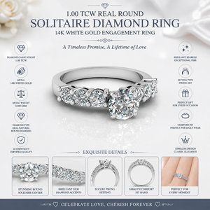 Bague solitaire en diamant rond véritable 1,00 TCW |   Bague de fiançailles en or blanc 14 carats pour femme, bijoux de mariage de luxe, cadeau - Product Image 6