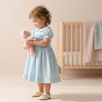 Vestido Elegante para Niña, Estilo Inglés Tradicional, Bordado a Mano, Color Azul, Precio de Fábrica, Venta al Por Mayor