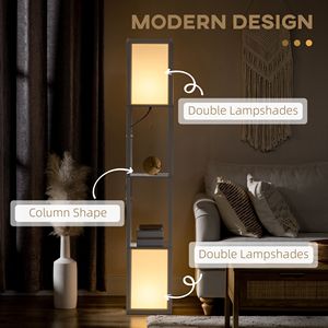 Lampada da Terra LED Contemporanea a 2 Luci con Paralume in Tessuto Nero 10.25x10.25x61.5 per Soggiorno e Camera da Letto, Lampada da Terra con Ripiano Bianco - Product Image 4