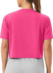 Camiseta Deportiva Corta para Mujer, Color Rosa Sólido, Cuello Redondo, Manga Corta, Tejido Transpirable, Estilo Casual - Product Image 4