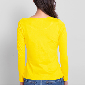 Women Yellow Long Sleeve <b>T</b>-<b>Shirt</b> <b>Minnie</b> <b>Mouse</b> Print Crew Neck Casual Slim Fit Solid Ruched Jersey Cotton Knitted - Product Image 2