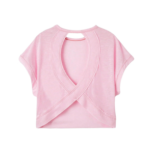 Haut décontracté en maille respirante et écologique pour femme, rose uni, à manches courtes, coupe classique, dos croisé, avec boutons - Product Image 1
