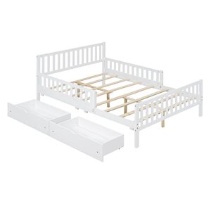 Letto a piattaforma in legno bianco per bambini, con sponde su entrambi i lati e due cassetti contenitore - Product Image 3