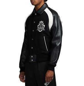 Avirex Men Black Varsity <b>Jacket</b> Woolen Body <b>Leather</b> Sleeves Embroidered Logo Front Single Breasted Regular Fit Turn-down Collar - Product Image 6